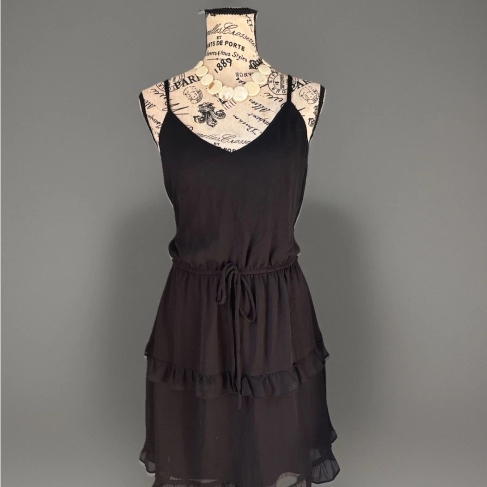 Black Chiffon Ruffle Summer Dress | Tie Waist | Flowy Layered Mini | Size L